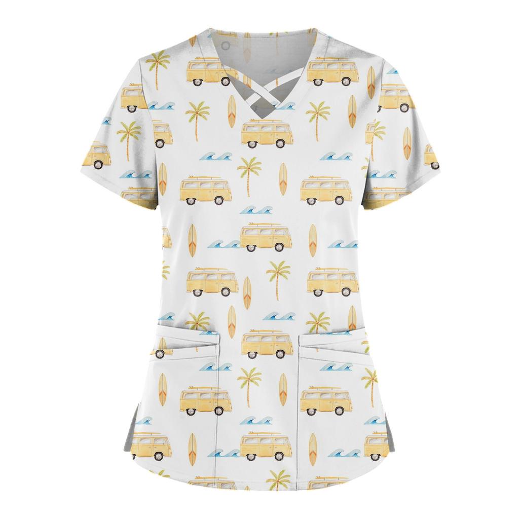 Плюс размер, милая рабочая форма с принтом, топы для женщин, забавные футболки с перекрестным v-образным вырезом и короткими рукавами, рабочая одежда, футболка с карманами