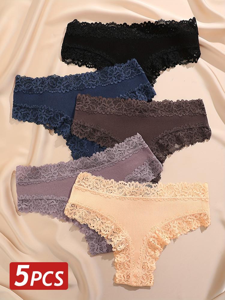 5PCS/Set Women Cotton Panties Sexy Lace Brazilian Panties Low Waist Elastic Thongs Female Comfortable Underwear Solid Color S-XL