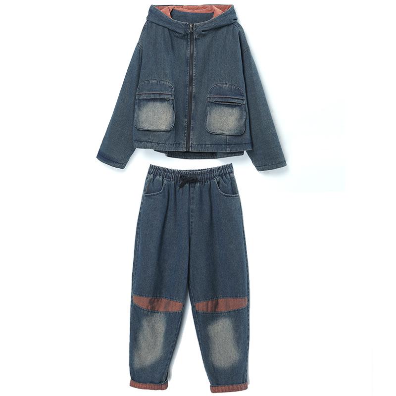 Женский новый утолщенный джинсовый костюм 2024: Мода Осень/Зима, Стильный Повседневный Костюм-Двойка для Мам Среднего и Пожилого Возраста