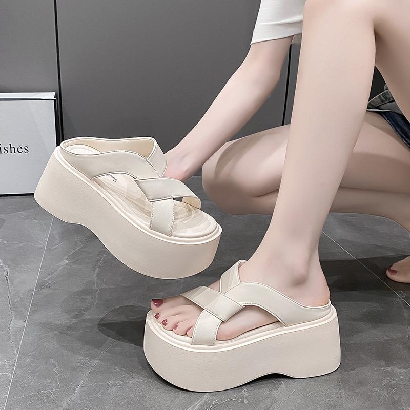 Модные летние женские тапочки, пляжные шлепанцы, женские туфли на толстом каблуке, однотонные босоножки на танкетке, тапочки на высокой платформе 8,5 см