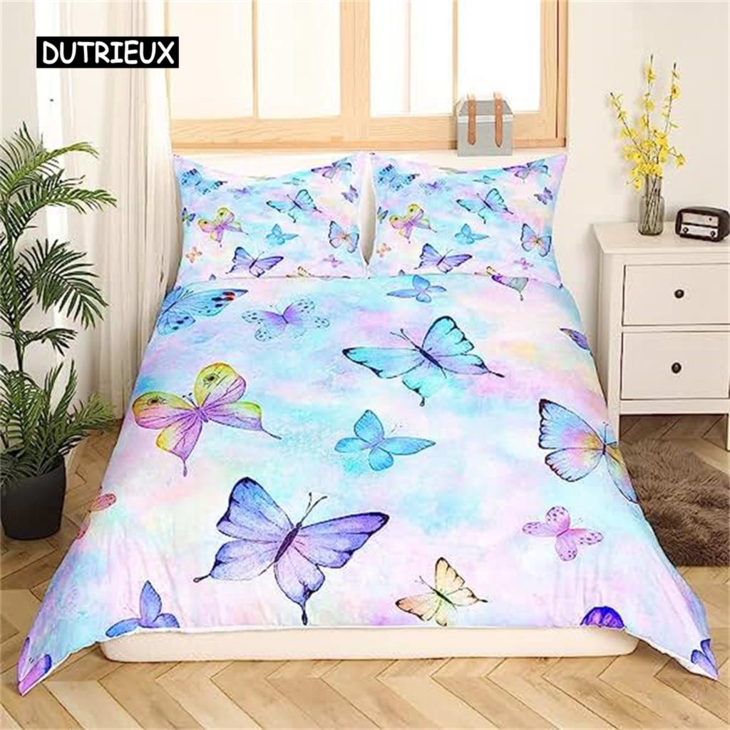 Пододеяльник с бабочками, синие, фиолетовые, с бабочками, цветы, комплект одеяла для девочек, детей, подростков, покрывало для спальни, украшение