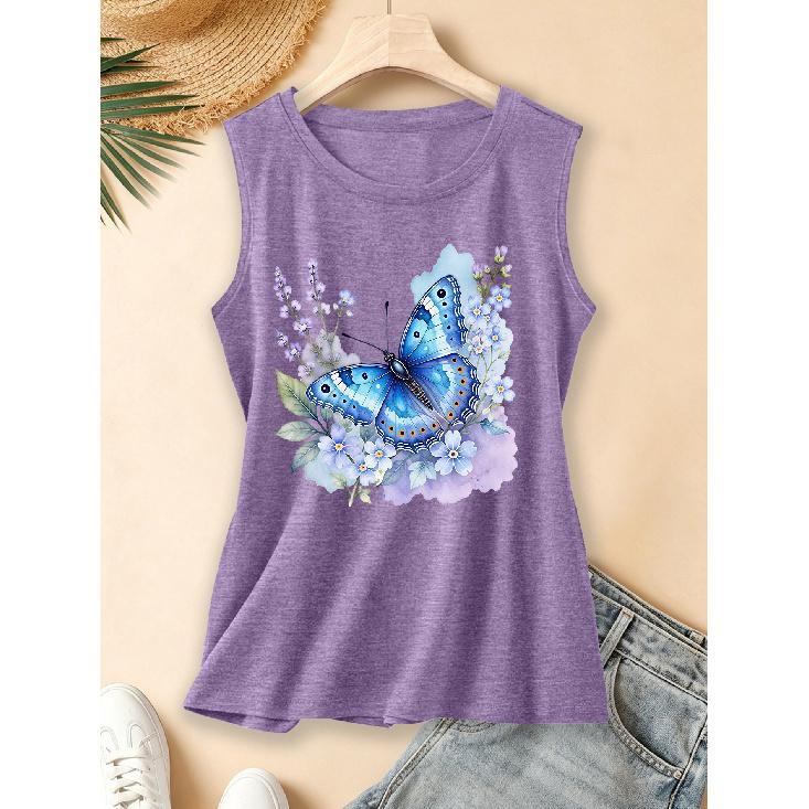 2026 Vintage Ink Floral Monarch Butterfly Print Women Sleeveless Vest Round Neck Daily Commute Spring Summer Autumn Tank Top