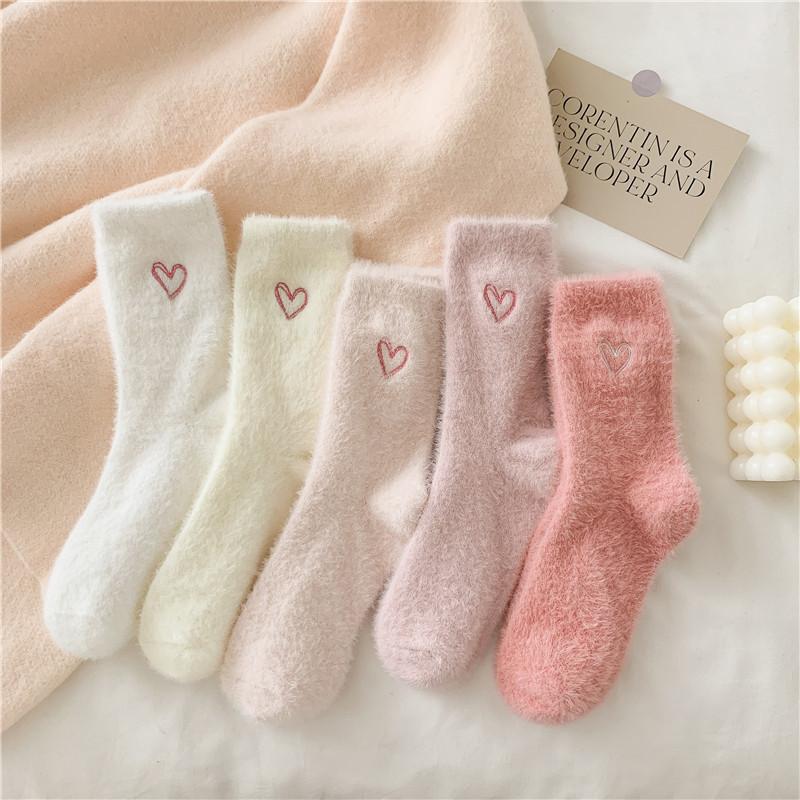 Love Embroidered Imitation Mink Fur Cutesocks for Children's Autumn and Winter Collection Medium Tube Socks Thick Plush Postpartum Socks