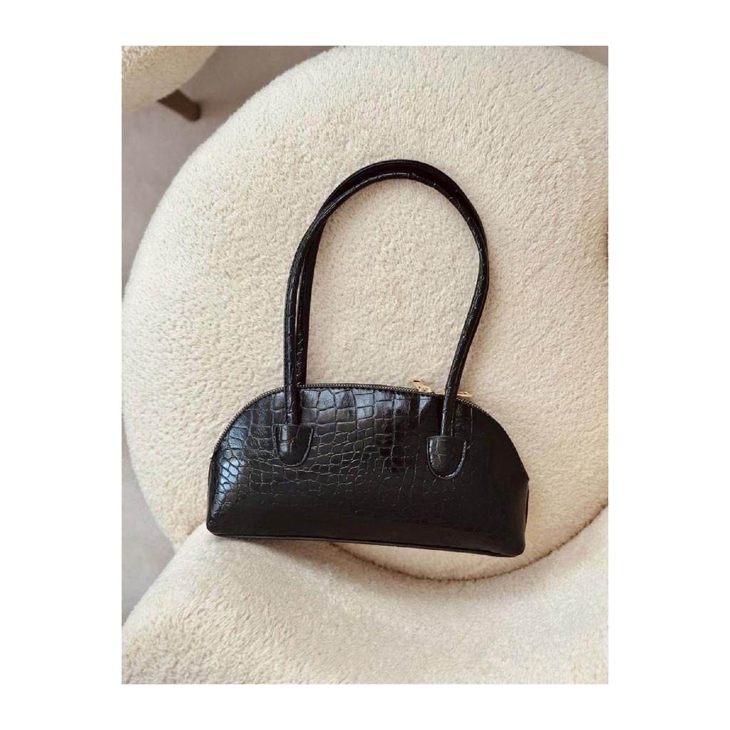 Long Handle Linen Black Women's Baguette, Hand And Shoulder Bag