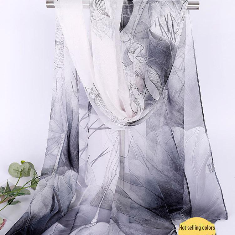 Lotus Georgette Silk Scarf: Medium-Length Printed Summer Shawl for Sun Protection and Dance, All-Match Mother Style.