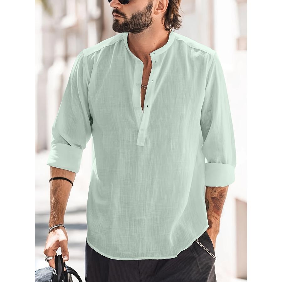 Men Henry Shirt Men's Casual Thin Cotton Linen Shirt White Black Khaki Stand Up Collar Straight Solid Color Long Sleeve Top