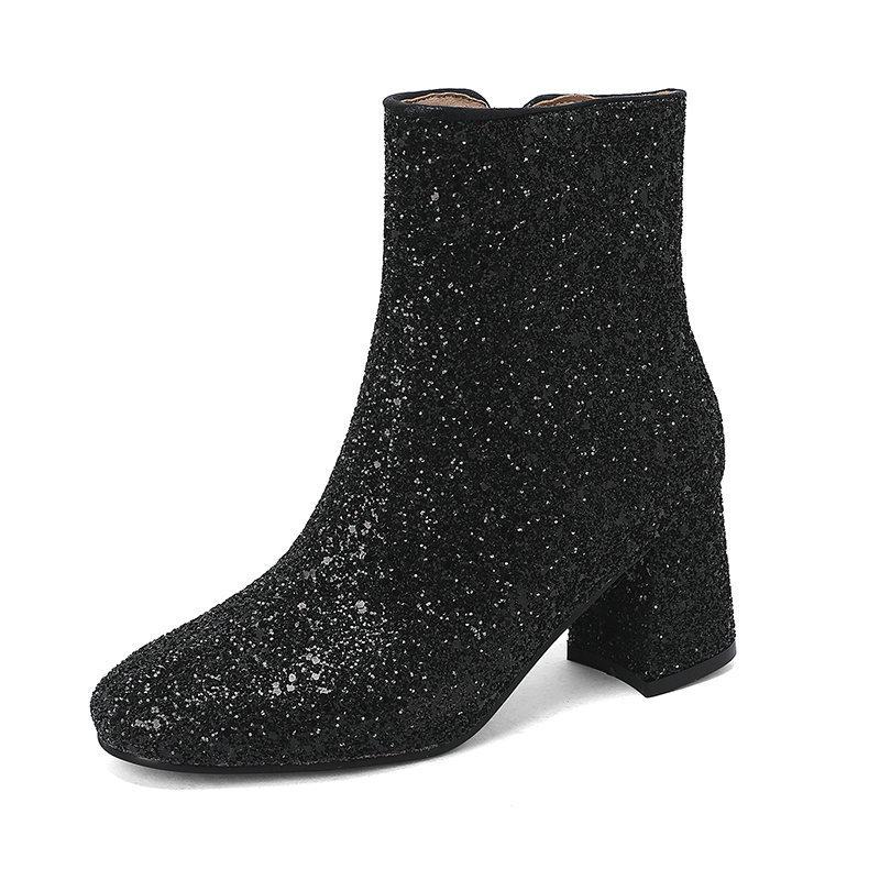Women's Short Boots Autumn and Winter Grit Metal Sequins Women's and Ankle Boots Gold Silver Thick Heel High Heel Round Head Women's Short Boots
