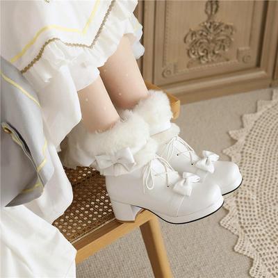 Японские Lo Женские Зимние Плюшевые Короткие Теплые Ботильоны Лолита Высокий Каблук JK Форма Косплей Кавайная Девушка Лолита Ботас