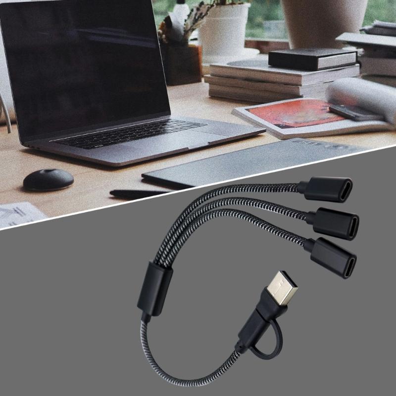USB + кабель-адаптер Type C «папа» на 2/3 Type C «мама», разветвитель USB OTG, многофункциональный концентратор для зарядки и передачи данных.