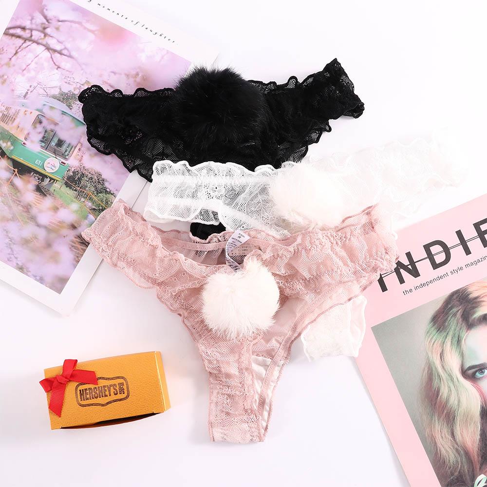 Transparent Low Waist Breathable Plush Ball Thong G-string Lace Panties