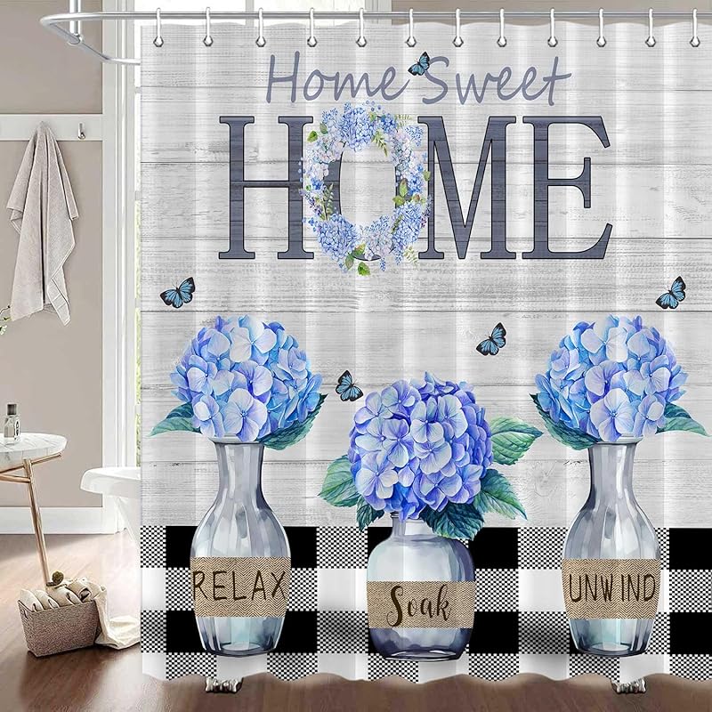 MERCHR Buffalo Check Plaid Shower Curtain 72 x 72 Inch, Farmhouse Wooden Board Shower Curtain, Rustic Flower Home Sweet Home Bath Curtain Polyester