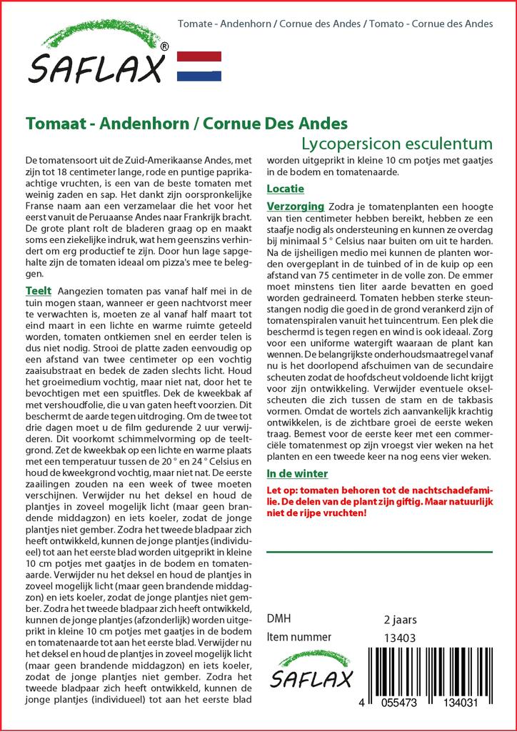 SAFLAX Помидор - Cornue des Andes - 10 семян - Lycopersicon esculentum
