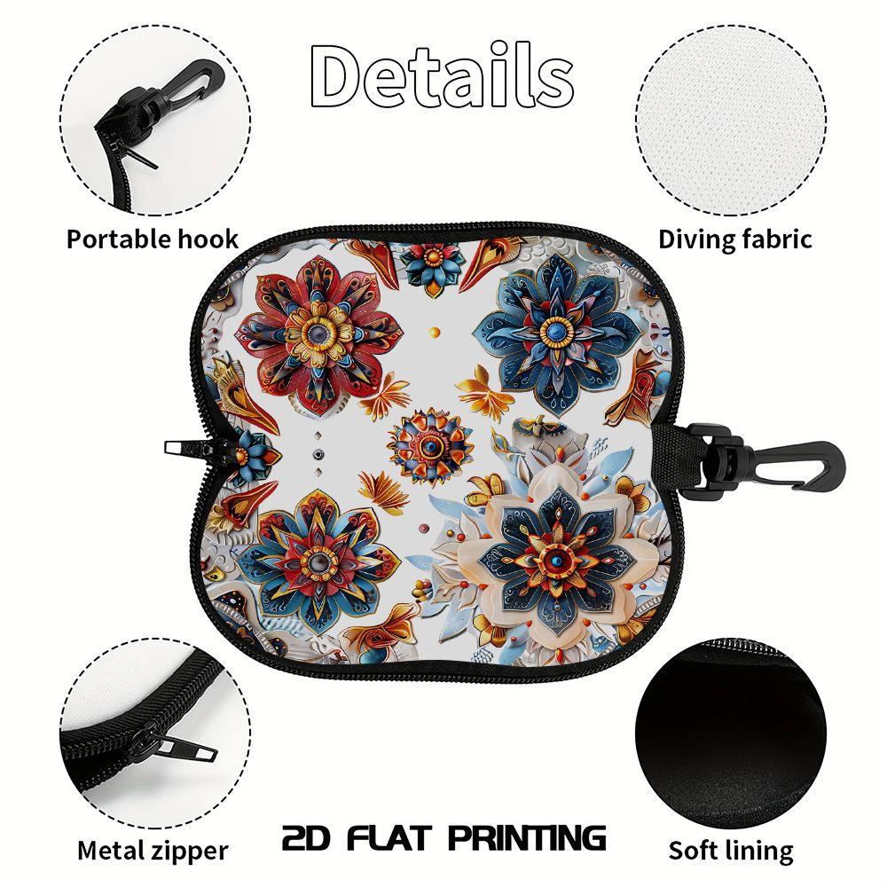 2D-Boho Floral Pattern Zipper Sunglasses Case, Decorative Mandala Print Eyewear Protective Holder, Vintage Flower Style Travel Glasses Storage Box