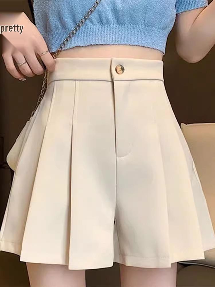 Women's 2024 Summer Black Pleated Wide-Leg High-Waisted A-Line Shorts