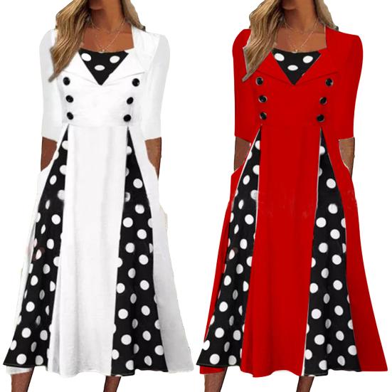 Платье миди с квадратным вырезом и половиной рукавом, высокой талией и принтом в горошек, женское платье с большим подолом, рабочая одежда