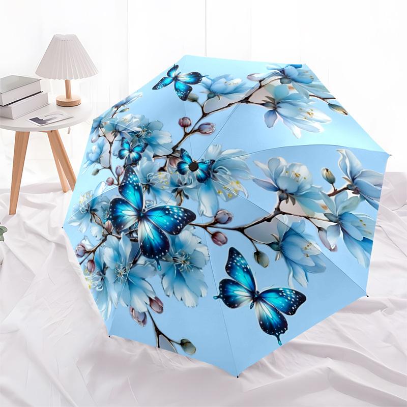 1pc Floral Butterflies Automatic Opening/Closing Folding Umbrella with 8 Ribs,Windproof Portable Sunshade Umbrella Holiday gift yy260401100