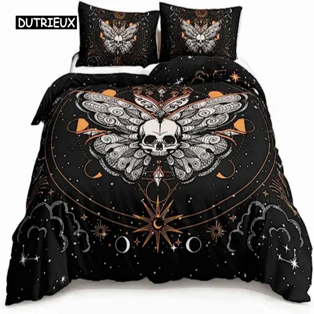 Boho Moth Duvet Cover Gothic Skull Bedding Set for Girls Women Bedroom Decor Moon Star Personalized Moth Skull Skeleton Bones