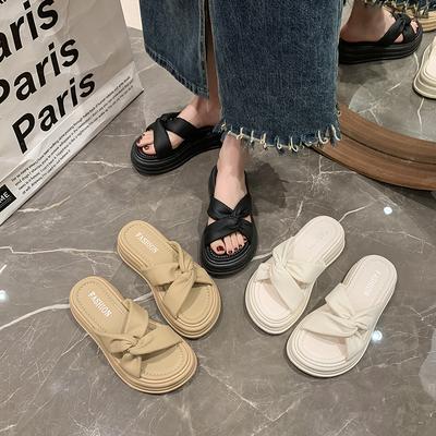 Тапочки на толстой подошве для женщин, лето 2024 года, новые повседневные однотонные тапочки с фактурной подошвой, увеличивающие высоту голени, для женщин