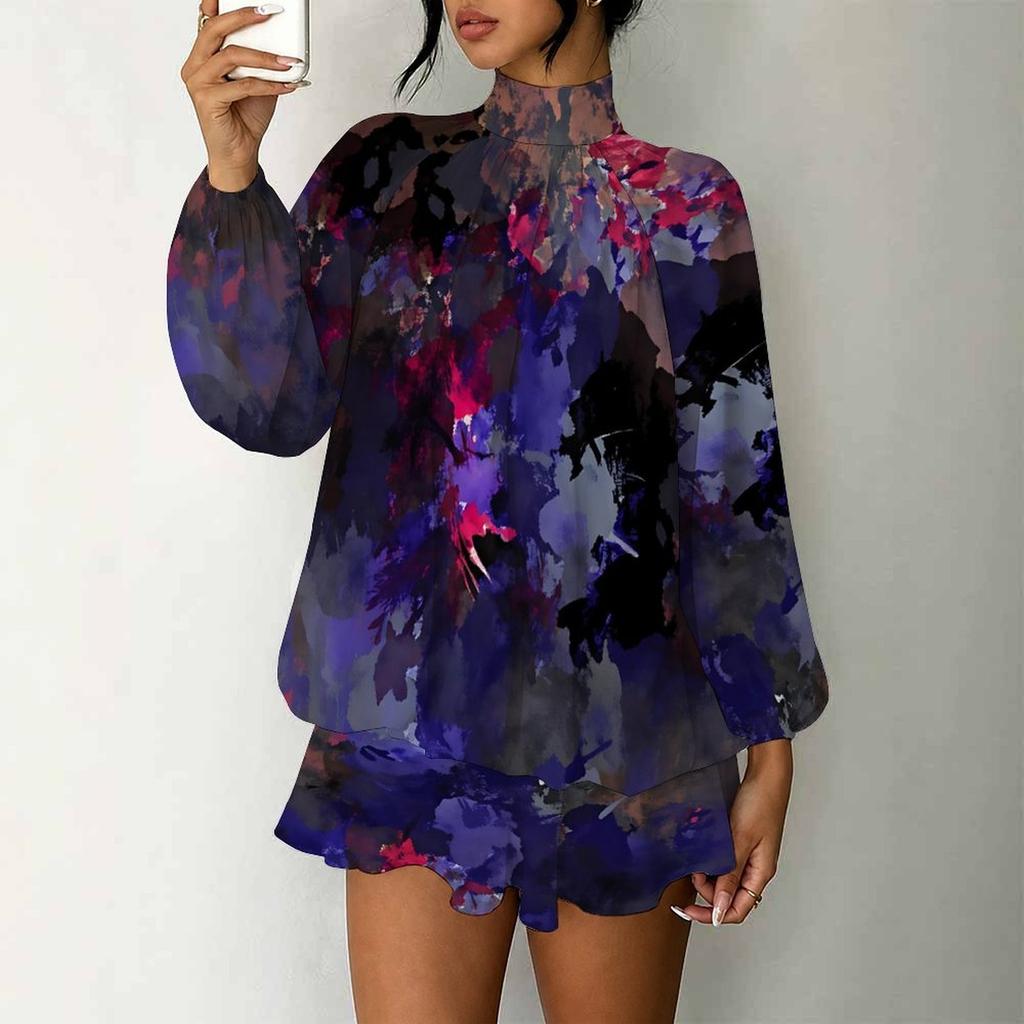 Women's 3D Brush Stroke Texture Print Mock Neck Long Sleeve Dress, Raglan Sleeve Fake Two Piece Mini Dress