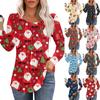 Women's Casual Top Christmas Printed Round Neck Long Sleeved Pleated T-shirt