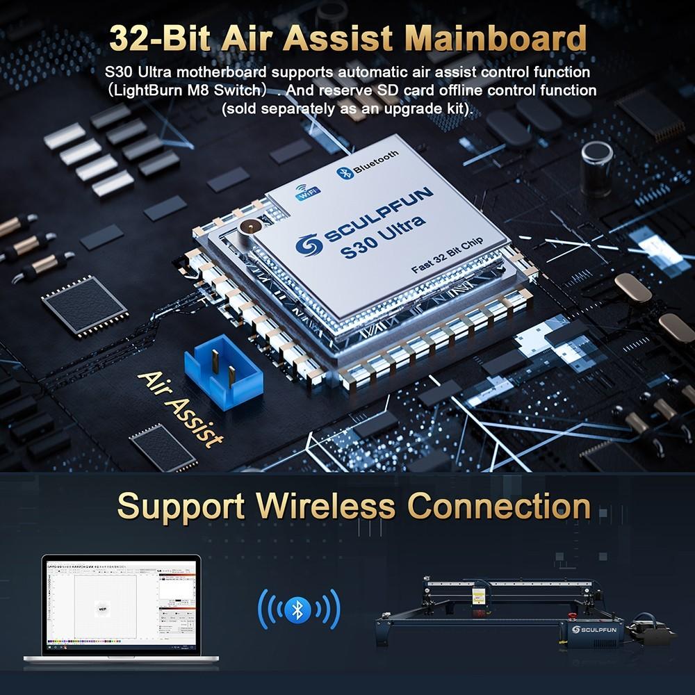 SCULPFUN S30 Ultra 33W Лазерный гравер, автоматическая подача воздуха, лазерный фокус 0,08x0,10 мм, 600 * 600 мм - вилка европейского стандарта