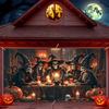 Halloween party banner - Ghost Witch and Skeleton Gathering Decorations including witch hat and pumpkin patterns.PMJ