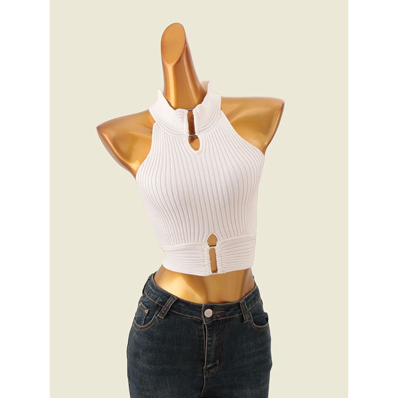 B Style Summer Series Metal Ring Knitting Vest Narrow Shoulder Hollow-out Short Halter Spaghetti Straps Vest