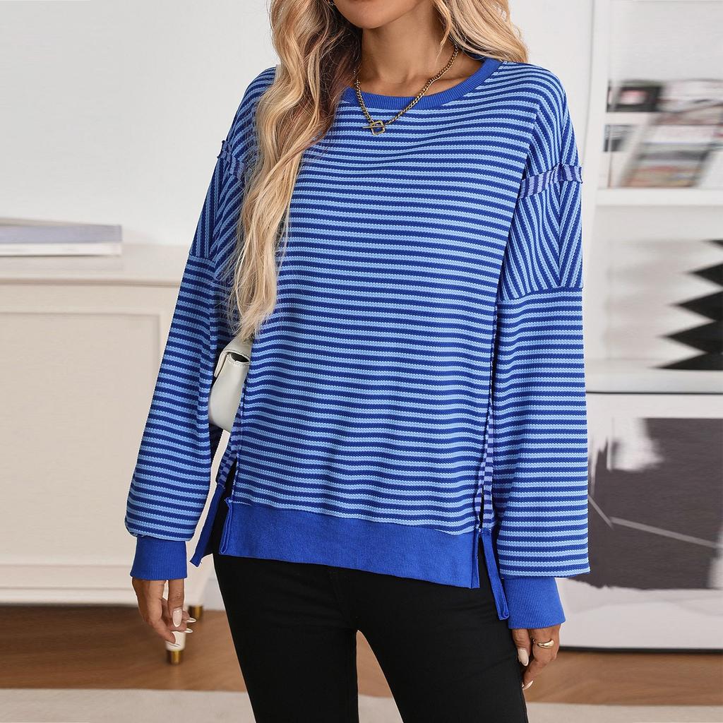 Женский лонгслив с круглым вырезом, в полоску, универсальный, повседневный, свободный