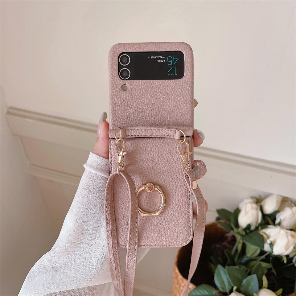 Кожаный чехол для телефона с ремешком через плечо для Samsung Galaxy Z Flip 5 4 3 Flip5 Flip4 Flip3 5G/iphone 15 14 13 12 11 Pro Ring Beauty Mirror