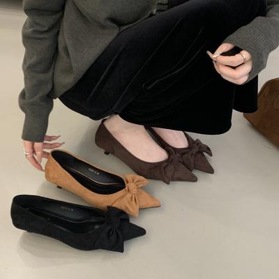 Нишевые французские черные туфли на высоком каблуке женская обувь 2025 новая весна и осень темперамент замшевый бант острый носок одинарные туфли