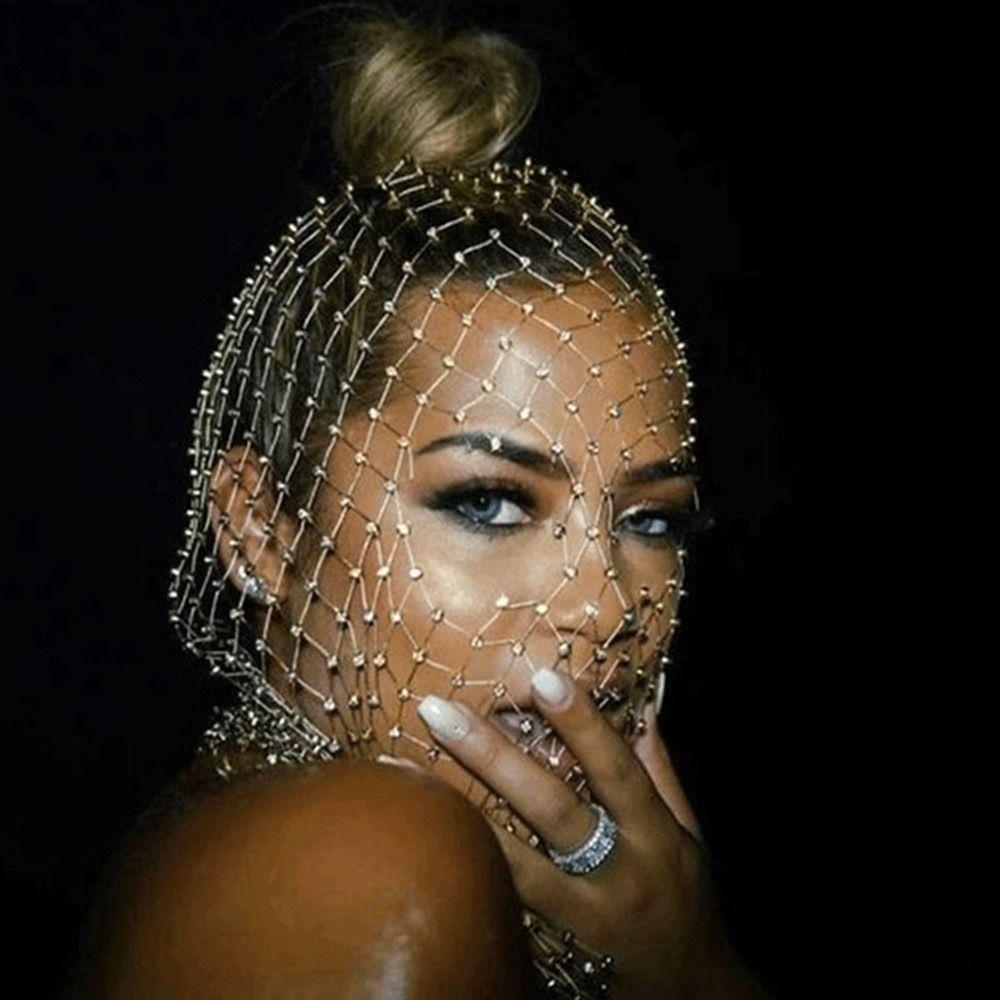 Balaclava Women Fishnet Headhood Cap Shining Diamond Headwrap Rhinestone Headcover Masked Head Mask