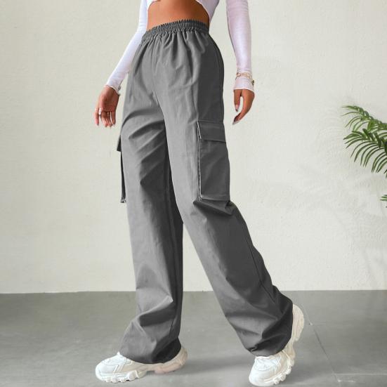 Women Cargo Pants Elastic Waist Wide Leg Solid Color Trousers Casual Joggers Sweatpants with Side Flap
