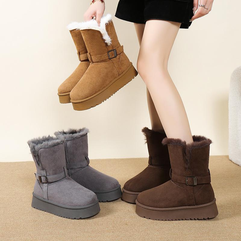 thick-soled two-wearing medium tube snow boots for women's winter new fur integrated fluffy cotton boots piled and piled cotton shoes