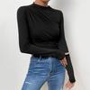 Women Solid Color Bottom Shirt Half High Collar Long Sleeve Bottoming Top Solid Color Slim Fit Pleated Pullover Tops