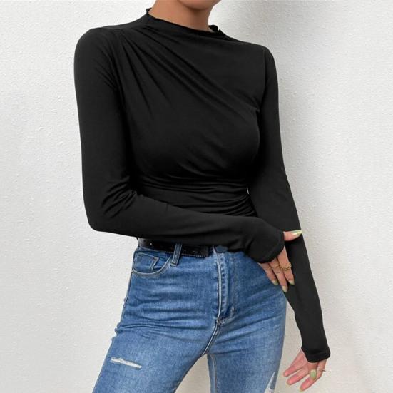 Women Solid Color Bottom Shirt Half High Collar Long Sleeve Bottoming Top Solid Color Slim Fit Pleated Pullover Tops