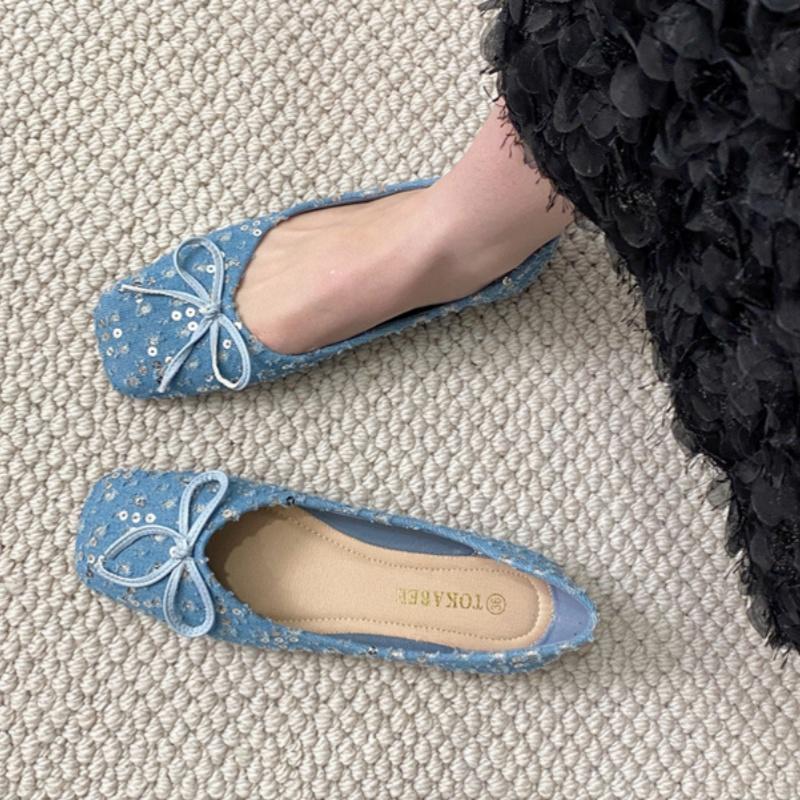 Fashion 2025 Spring New French Style Flat Shoes Fashion Versatile Elegant Bow Women Flats Shallow Mouth Soft Sequin Women Shoes Mujer