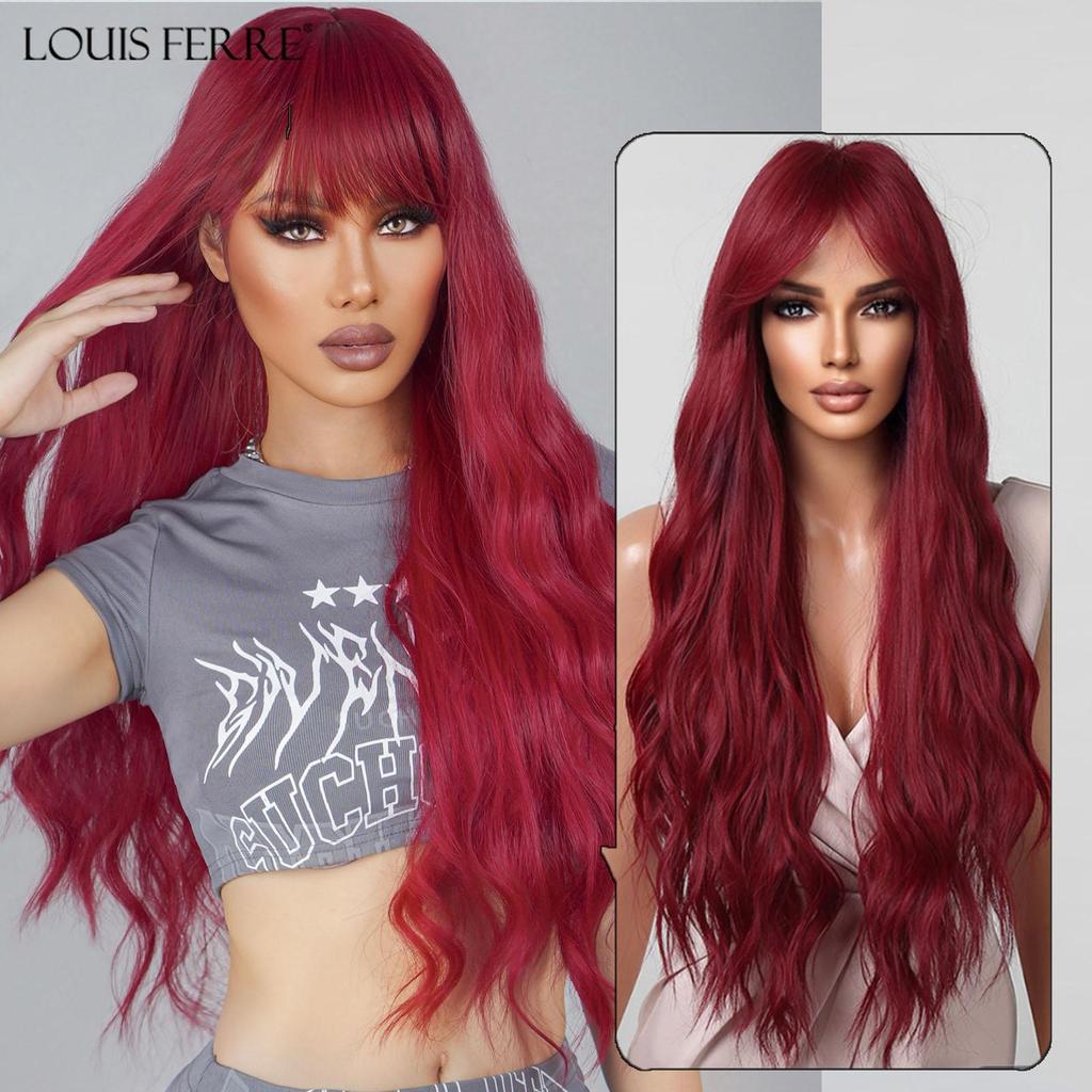 LOUIS FERRE Длинные волнистые черные синтетические парики для женщин, натуральные накладные волосы с челкой, термостойкие парики для повседневного использования, косплей