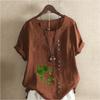 Women's New Fashion Linen Shirt Round Neck Short Sleeve Green Plants Printed T-shirt Summer Ladies Casual Blouse Tops