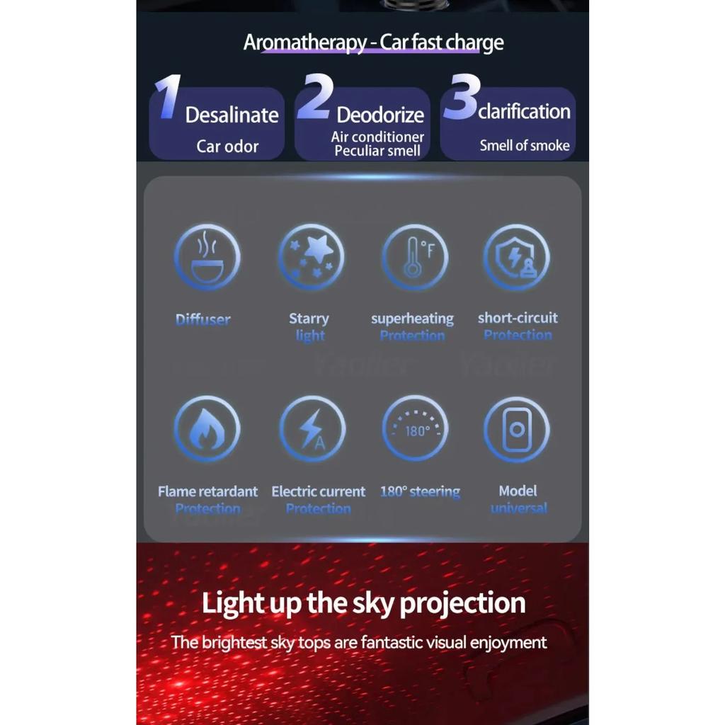 Супербыстрое выдвижное автомобильное зарядное устройство Starlight, 2 выдвижных кабеля и 2 порта USB с освежителем воздуха, для iPhone Samsung