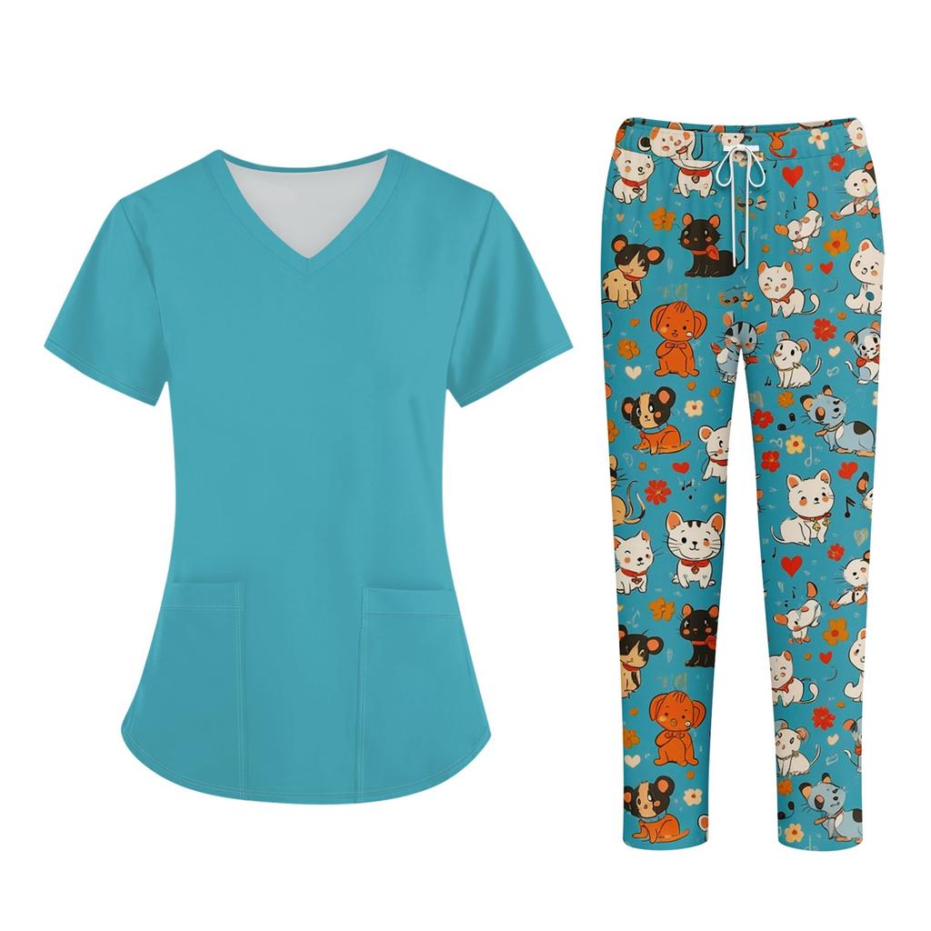 Плюс размерСкраб с принтом Рабочая форма Топы для женщин Крест V-образным вырезом Хэллоуин Принт с короткими рукавами Забавные футболки Спецодежда Футболка с карманами