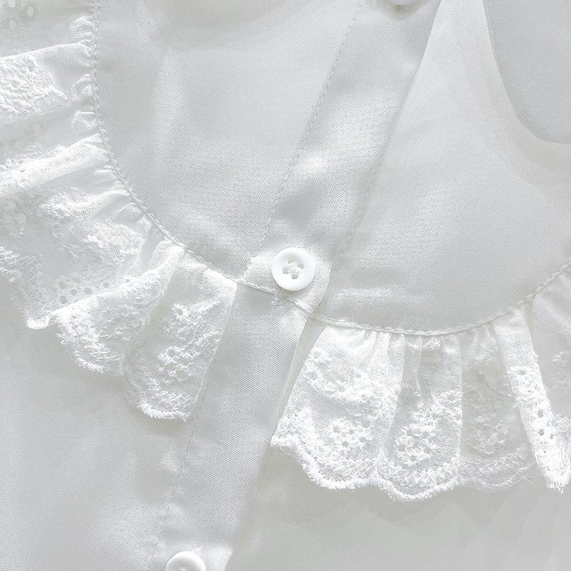 Летняя детская одежда, милые кружевные повседневные топы с короткими рукавами, блузка для детей, модные однотонные рубашки с отложным воротником для девочек