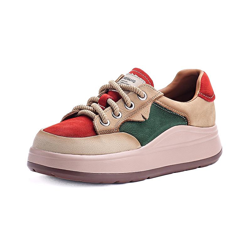 Autumn Women's Thick Sole Genuine Leather Lace-up Casual Shoes - Colorblock Low-top Spring Design