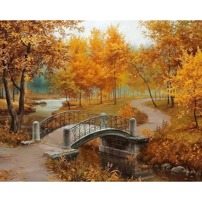 Diamond Painting Diamond Embroidery Autumn Forest & Bridge 5d Diy Full Round Diamond Mosaic Diamond