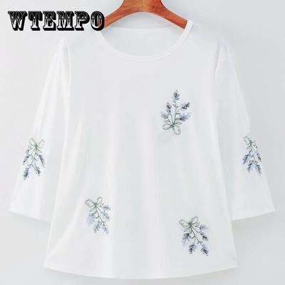 Весенне-летняя рубашка с вышивкой, высокоэластичная футболка, женская свободная повседневная летняя блузка с рукавами 7/4, размер 7/4