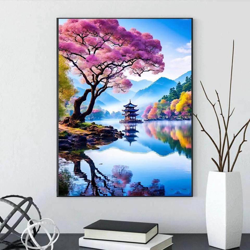 5D DIY Алмазная картина Пейзаж Мозаика Пейзаж Горы и моряСакура Дерево Вышивка крестом Домашнее настенное искусство Украшение