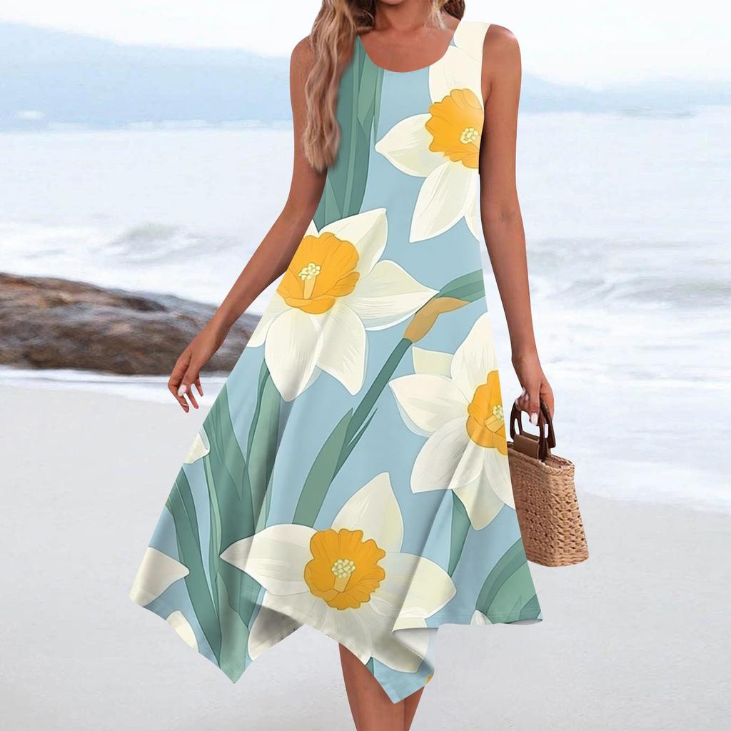 Женское повседневное модное платье средней длины с круглым вырезом без рукавов с винтажным цветочным принтом и неровным подолом