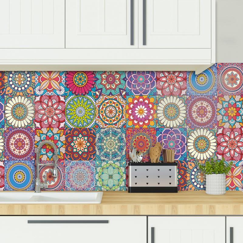 24 шт. наклейки на плитку мандалы в стиле ретро, ​​красочные водонепроницаемые термостойкие самоклеящиеся плитки, пленка на стену