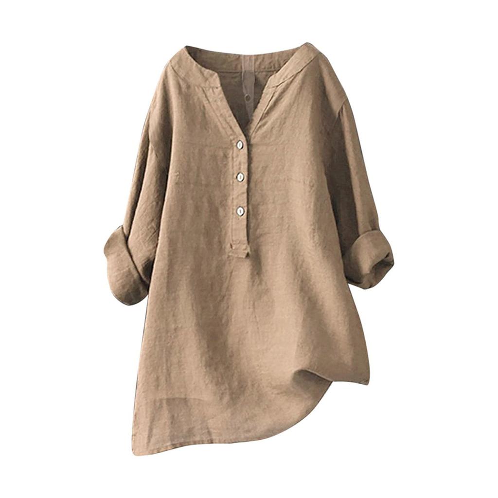 Women Solid Stand Collar Long Sleeve Shirt Casual Loose Blouse Button Down Tops