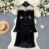 Autumn Women Vintage Black Mesh Velvet Patchwork Slim Bodycon Party Fishtail Dresses