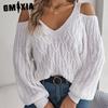 Women's Fashion Casual Solid Color Autumn Winter Long Sleeve V-Neck Loose Twist Off-the-shoulder Lantern Sleeve Sweater